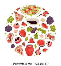 Fig Food Round Composition Design with Ripe Fruit with Purple Skin Vector Template