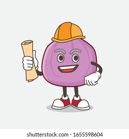 Fig Fruit architect cartoon mascot character having blueprints and yellow helmet