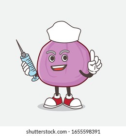 Fig Fruit cartoon mascot character as nurse with medical syringe