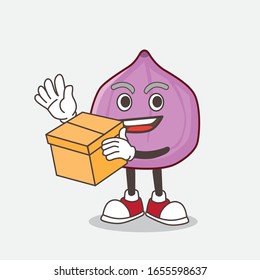 Fig Fruit cartoon mascot character holding a box