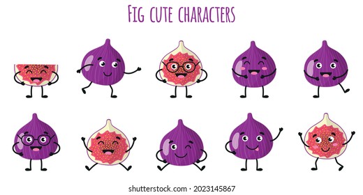 Fig fruit cute funny cheerful characters with different poses and emotions. Natural vitamin antioxidant detox food collection. Vector cartoon isolated illustration. Children concept.