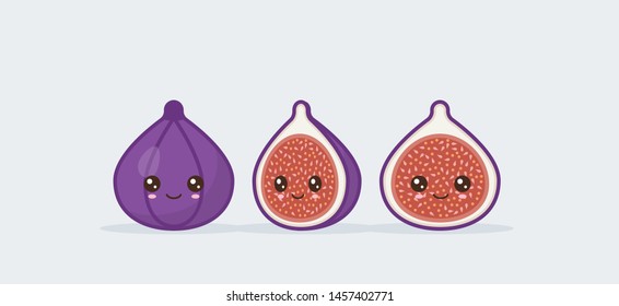 Fig fruit cute kawaii mascot. Set of funny kawaii drawn fruit in the cut