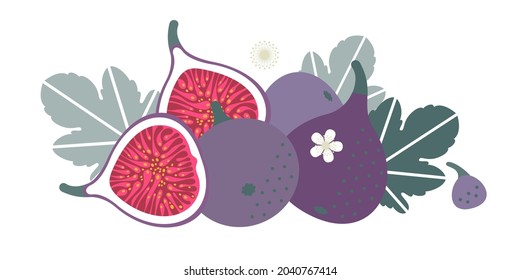 Frutas de fuego. Ilustración plana. Frutas, hojas y flores enteras y cortadas.
