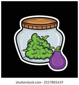 Fig Fruit Flavor With Cartoon Mascot of Weed Bud On Jar. For Sticker and label. Vector and Illustration.