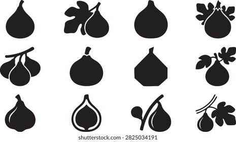 Fig fruit icon set with black whole and sliced silhouettes featuring leaves for food packaging