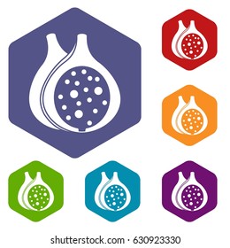 Fig fruit icons set hexagon isolated vector illustration