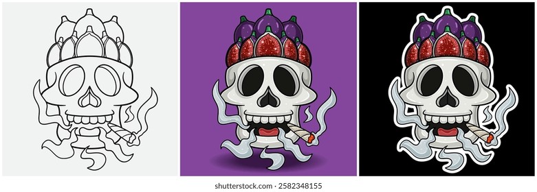 Fig Fruit Inside Skull Head With Smoking Character Cartoon. Black White, Colorful and Sticker Style. For T shirt print, Brand Logo, Label and Mascot product. Vectors Illustrations