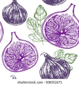 Fig Fruit with Leaf Hand Draw Sketch Background Pattern. Vector illustration of Sliced Fresh Juicy. Natural Healthy Concept. Isolated on White. Vintage Sketch