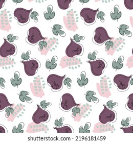 Fruto de higo y hojas con formas abstractas sin costuras, Frutas de fig sobre fondo blanco. Collage repetido a la moda para papel pintado, raspado, papel envolvente. Esquema de línea y punto Plantilla de alimentos
