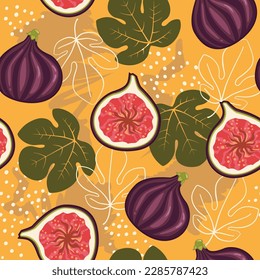 Fig fruit seamless pattern on a yellow background with exotic leaves. Perfect for wallpaper, food wrapping paper, fabric, background etc