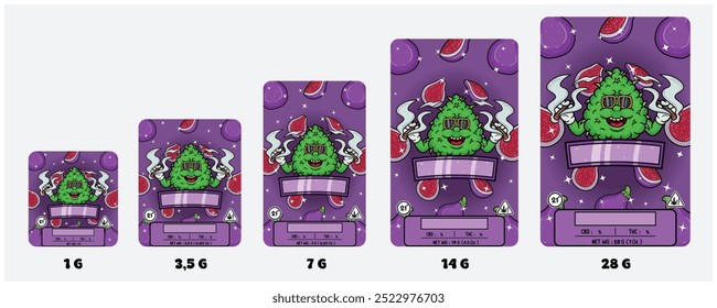 Fig Fruit Strains and Weed Bud With Smoking Mascot Cartoon. Product Packaging Cover Set With 1G, 3,5G , 7G, 14G and 28G. Scalable Size Without Losing the Quality. Vectors And Illustration.