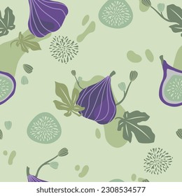Fig fruit  vector seamless pattern. Purple figs fruit decorative background. Botanical green and purple figs vector design for fabric, paper, wallpaper, cover, interior decor. Vector illustration