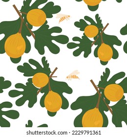 Fig fruits on a branch. Vector illustration. Seamless pattern. Summer wallpaper, ripe, juicy, sweet fruits.