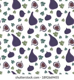 Frutos de la higuera en un patrón sin fisuras de estilo dibujado a mano. El vector repite el fondo para tela de verano colorida. Papel tapiz de vector colorido. Ilustración decorativa, buena para imprimir.