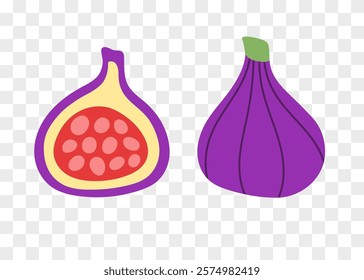 Fig half and whole fruit. Set of hand drawn abstract colorful fruits. Natural tropical collection. Vector illustration in modern cute flat cartoon style.
