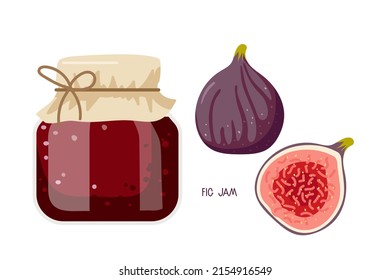 Fig Jam In Glass Jar And Fresh Figs. Canned Fig Fruits. Jam In Jars. Homemade Preparations And Canning. Fruit Conservation Vector Illustration. Farmer Market Branding. Organic Food Template