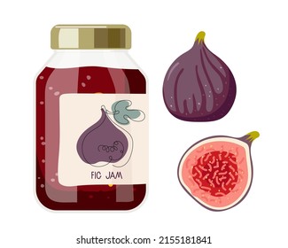 Fig jam in glass jar with label and fresh fig. Canned fig fruits. Jam in jars. Homemade preparations and canning. Fruit conservation vector illustration. Farmer Market Branding. Organic food template.