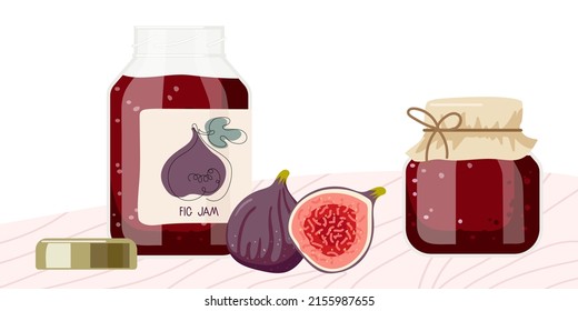 Fig Jam In Glass Jars With Label And Fresh Fig On Table. Canned Fig Fruits. Jam In Jars. Homemade Preparations And Canning. Fruit Conservation. Farmer Market Branding. Organic Food Template
