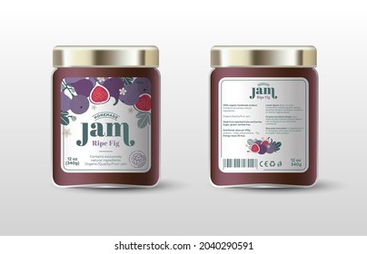 Fig jam. Label for jar and packaging. Whole and cut fruits, leaves and flowers, text, stamp(sugar free).