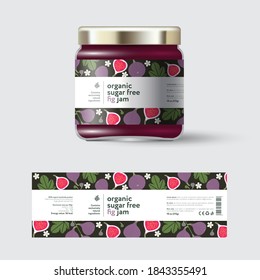 Fig jam label and packaging. Jar with cap with label. White strip with text and on seamless pattern with fruits, flowers and leaves.