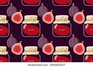 Fig Jam. Seamless pattern with Canned fig hand drawn doodle sketch. Homemade fruit jelly in glass jar. Preserved fruits. Repeated vector background for menu, wallpaper, textile, print, scrapbooking