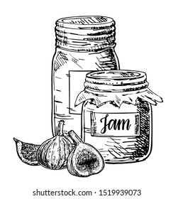 Fig jam vector drawing. Fruit Jelly and marmalade. Glass jars with fig jam. Hand drawn food illustration. Sketch style vintage objects for label, icon, packaging design.