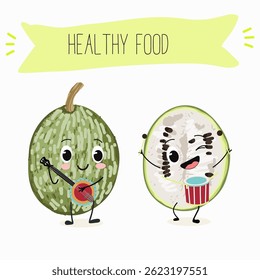 Uma abóbora de folha de figo (Cucurbita ficifolia), fruta, vegetal personagem engraçado. Ilustração desenhada à mão vetorial.