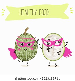 Uma abóbora de folha de figo (Cucurbita ficifolia), fruta, vegetal personagem engraçado. Ilustração desenhada à mão vetorial.