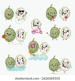Uma abóbora de folha de figo (Cucurbita ficifolia), fruta, vegetal personagem engraçado. Ilustração desenhada à mão vetorial.
