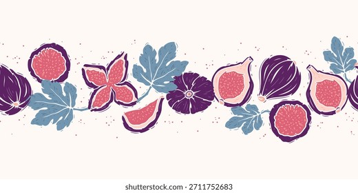 Abb. und hinterlässt nahtloses Rahmenmuster. Horizontales Banner mit Früchten. Handzeichnung. Nicht KI. Vektorgrafik.