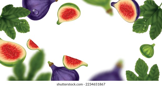 Fig realistic frame on white background consisting of whole ripe fruits fresh pieces and leaves vector illustration