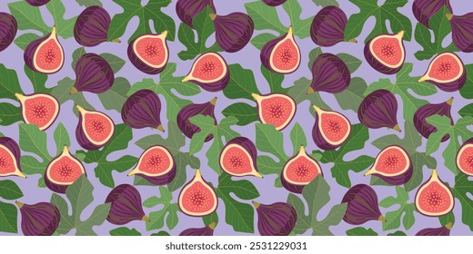Fig Seamless pattern design with whole and half of fig on color background. Flat vector illustration and design for fabric, textile, fashion, wallpaper, wrapping and all prints.