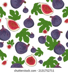 Fig seamless pattern, fig and leaf vector background.
