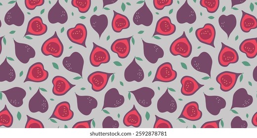 Fig. Seamless pattern. Set of simple abstract fruits and leaves. Vitamin natural food, slices and whole fruits. Colored flat illustration, vector graphics.