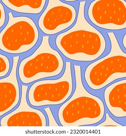 Fig seamless pattern. Trendy flat distorted summer fruits in red and blue print for kitchen fabric, cute stationery, posters and backgrounds. Retro style sweet graphic design.