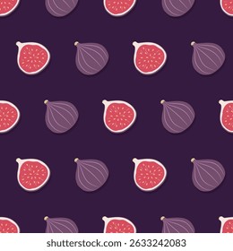 Fig seamless pattern. Whole fruits and halves on a purple background. Hand draw design for wrapping paper, wallpaper, fabric, textile and etc. Vector illustration.