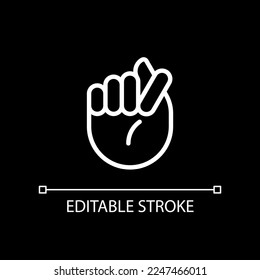 Fig sign pixel perfect white linear icon for dark theme. Offensive gesture. Obscene non verbal communication. Thin line illustration. Isolated symbol for night mode. Editable stroke. Arial font used