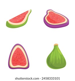Fig slice icons set cartoon vector. Fresh summer tropical fruit. Healthy food