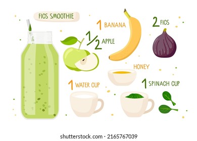 Fig smoothie recipe. Healthy nutrition. Glass bottle with green smoothie and ingredients with inscriptions. Flat cartoon vector illustration For cafe menu, store, banner, recipe. Organic shake recipe.