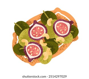 Figos, espinafres e nozes, Salada de frutas frescas servida em prato. Prato mediterrâneo, aperitivo saudável, lanche. Prato de partida, comida vegetariana natural. Ilustração de vetor plano isolada no plano de fundo branco