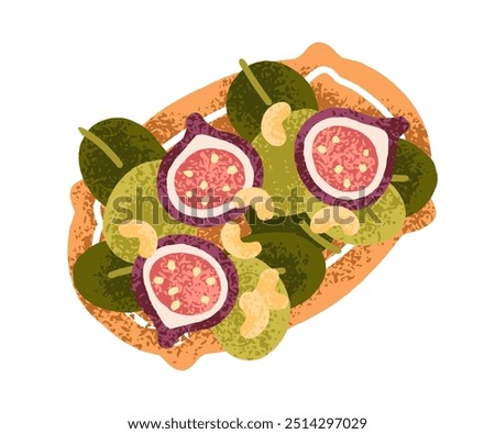 Fig, spinach and nuts, Fresh fruit salad served on plate. Mediterranean dish, healthy appetizer, snack. Starter dish, natural vegetarian food. Flat vector illustration isolated on white background
