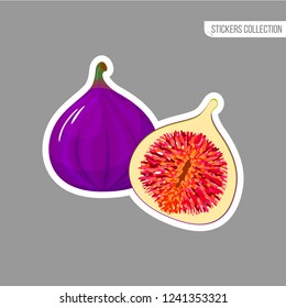 Fig sticker isolated on white background. Bright vector illustration of colorful half and whole of juicy fig. Fresh cartoon