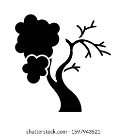 Fig tree glyph icon. Old half dead tree. Healthy leaved part and dying part symbol. Biblical plant of life. Bible narrative. Silhouette symbol. Negative space. Vector isolated illustration