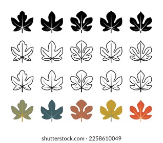 Fig tree leaf vector icons. Nature and ecology. Fig, leaves, plant, icons, drawing and more. Isolated fig leaf icon collection for websites on white background. Vector symbol set.