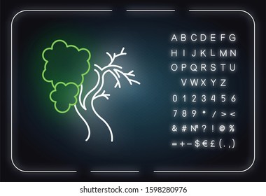 Fig tree neon light icon. Old half dead tree. Healthy leaved part and dying part symbol. Biblical plant of life. Glowing sign with alphabet, numbers and symbols. Vector isolated illustration
