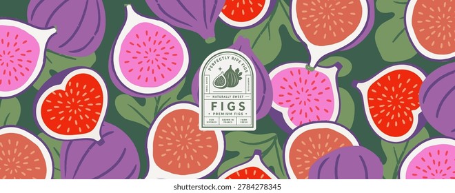 Fig. Vector botanical summer abstract illustration of sliced ​​fruits and leaves, vintage packaging label, pattern, tag, fabric, textile, background, and banner.