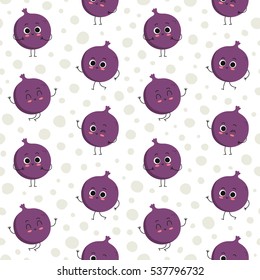 Fig, vector seamless pattern with cute fruit characters on dotted background