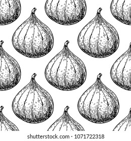 Fig vector seamless pattern drawing. Hand drawn isolated fruit.  Summer food engraved style background. Detailed vintage vegetarian sketch. Great for label, poster, print, fabric or packaging