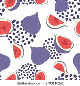 Fig vector seamless pattern. The whole exotic fruit, cut figs, half and quarter, abstract spots. Purple, red, green colors. Repeated background for textile design, printed and web products.