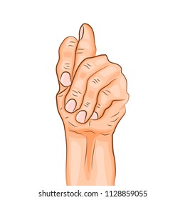 Figa mudra - gesture in yoga fingers. Symbol in Buddhism or Hinduism. Yoga technique for meditation. Realistic colored hand in gesture. Promote physical and mental health. Vector illustration